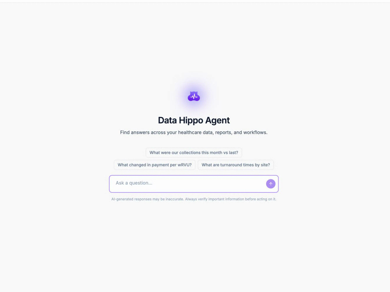 Data Hippo Agent interface: AI-powered data assistant with specialized agents for finance, operations, staffing, compliance, and more